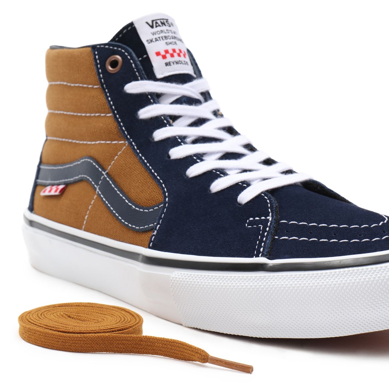 Vans Skate Sk8-Hi Brown Classic Mens Womens - (Reynolds) navy/golden brown VN0A5FCC9CV Shoes