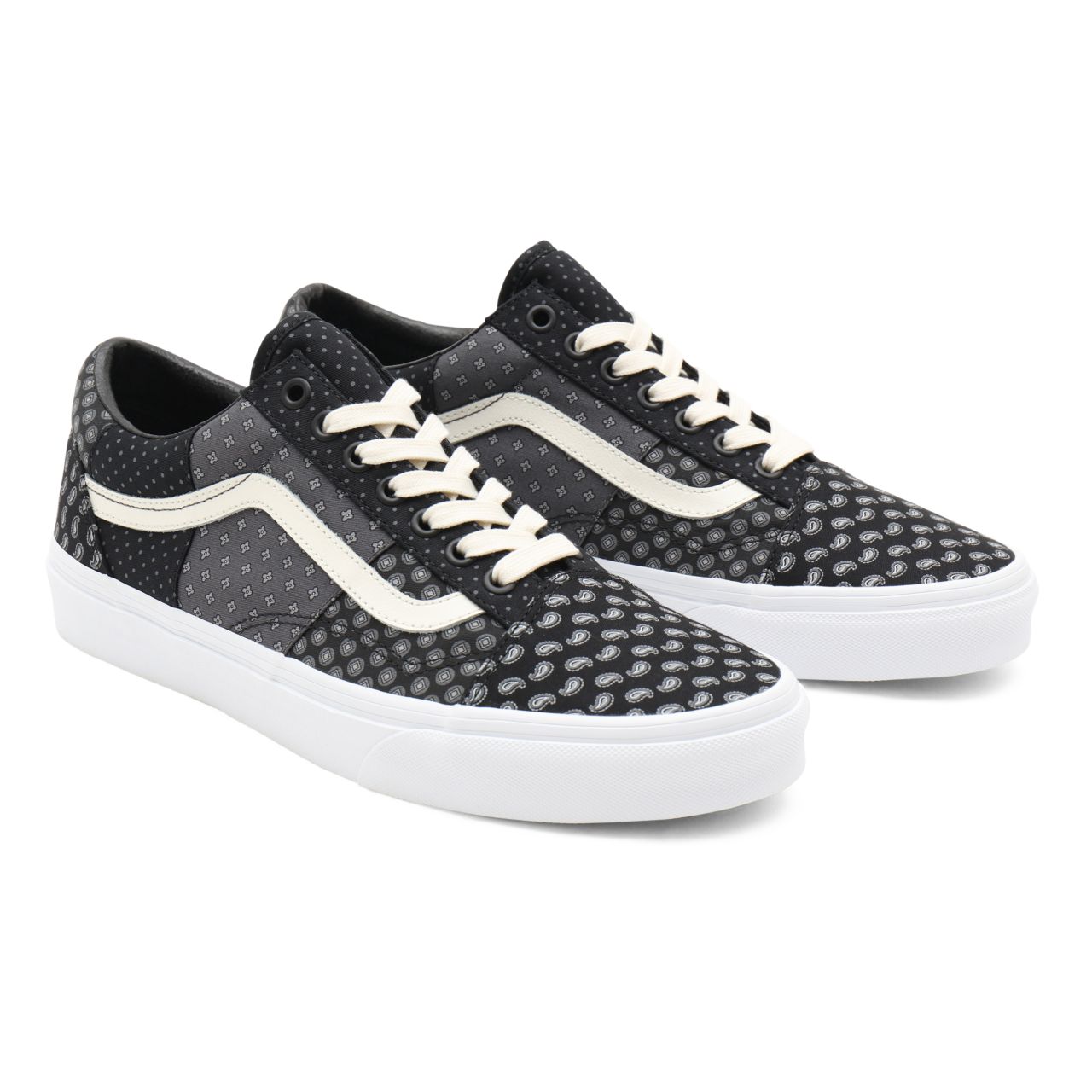 Vans Tie Print Patchwork Old Skool Black Classic Mens Womens - (Tie Print Patchwork) black/true white VN0A3WKT9XJ Shoes