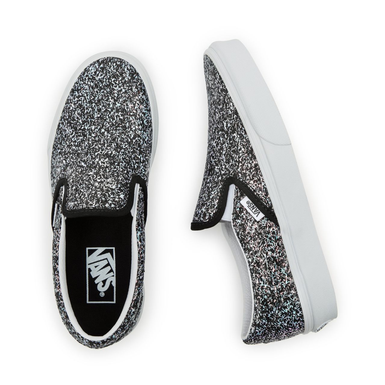 Vans Shiny Party Classic Slip-On Black Classic Womens - (Shiny Party) Black/True White VN000XG88N9 Shoes