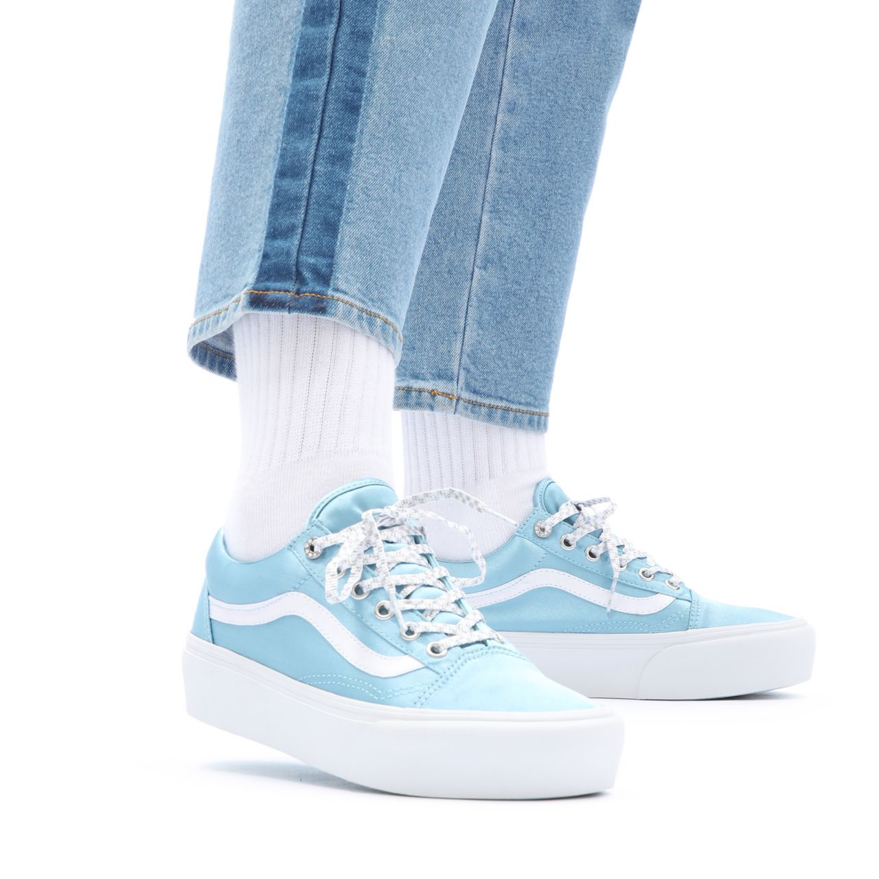 Vans Sparkle Check Old Skool Platform Blue Classic Womens - (Sparkle Check) Aquatic/True White VN0A5KRGA44 Shoes