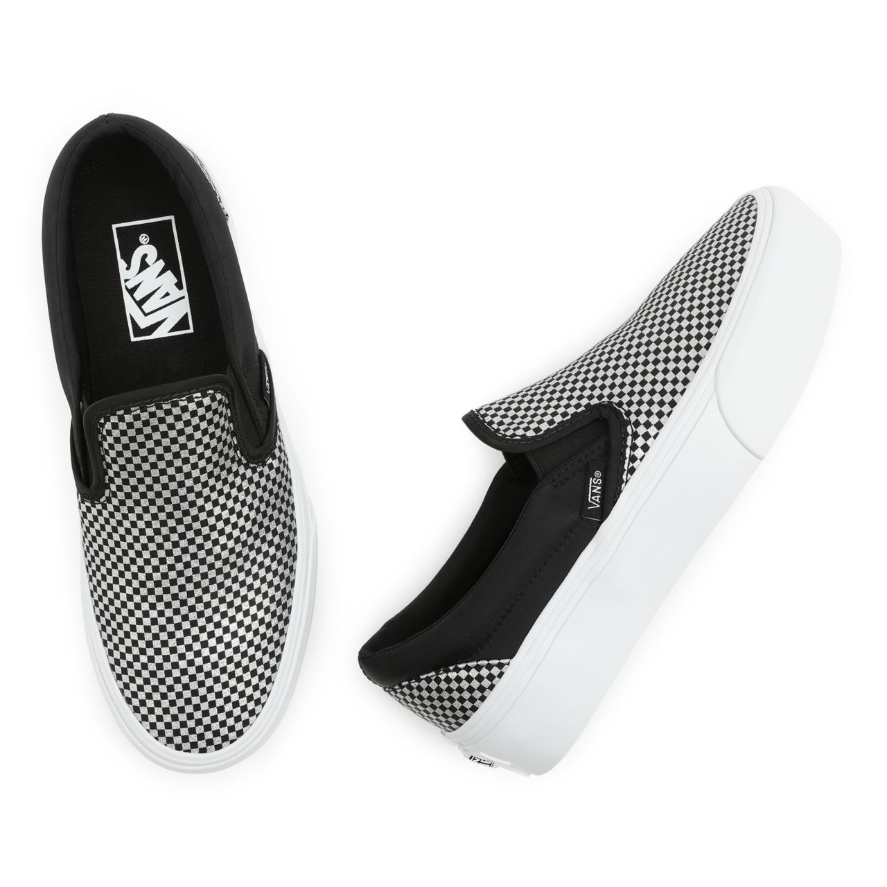 Vans Sparkle Check Classic Slip-On Platform Black Classic Womens - (Sparkle Check) Black/True White VN0A3JEZ8PP Shoes