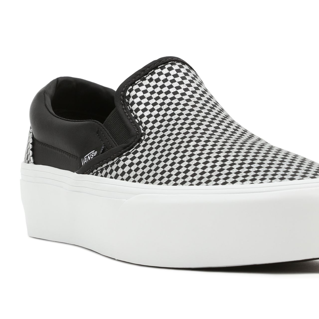 Vans Sparkle Check Classic Slip-On Platform Black Classic Womens - (Sparkle Check) Black/True White VN0A3JEZ8PP Shoes