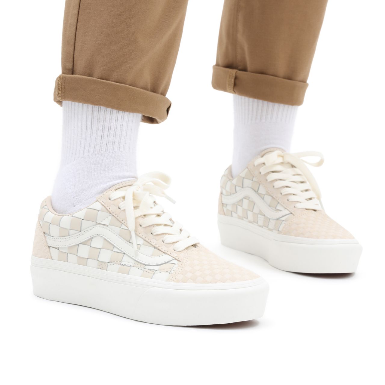 Vans Woven Old Skool Platform White Classic Womens - (Woven) leather/blanc de blanc VN0A5KX99GY Shoes