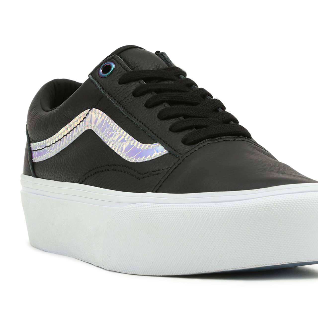 Vans Holo Sidestripe Old Skool Platform Black Classic Womens - (Holo Sidestripe) Black/True White VN0A5KRG98E Shoes