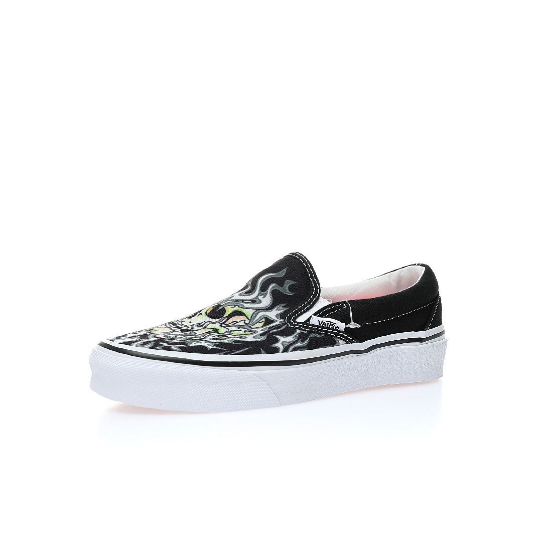 Vans Slip-On Flame Skull Mens Womens - Black/True White VN0009Q7BMX Shoes