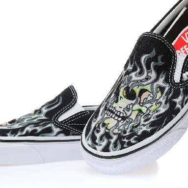 Vans Slip-On Flame Skull Mens Womens - Black/True White VN0009Q7BMX Shoes