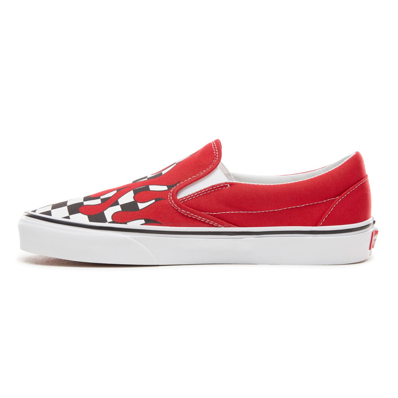 Vans Checker Flame Classic Slip-On Classic Mens Womens - (Checker Flame) Racing Red/True White VA38F7RX5 Shoes