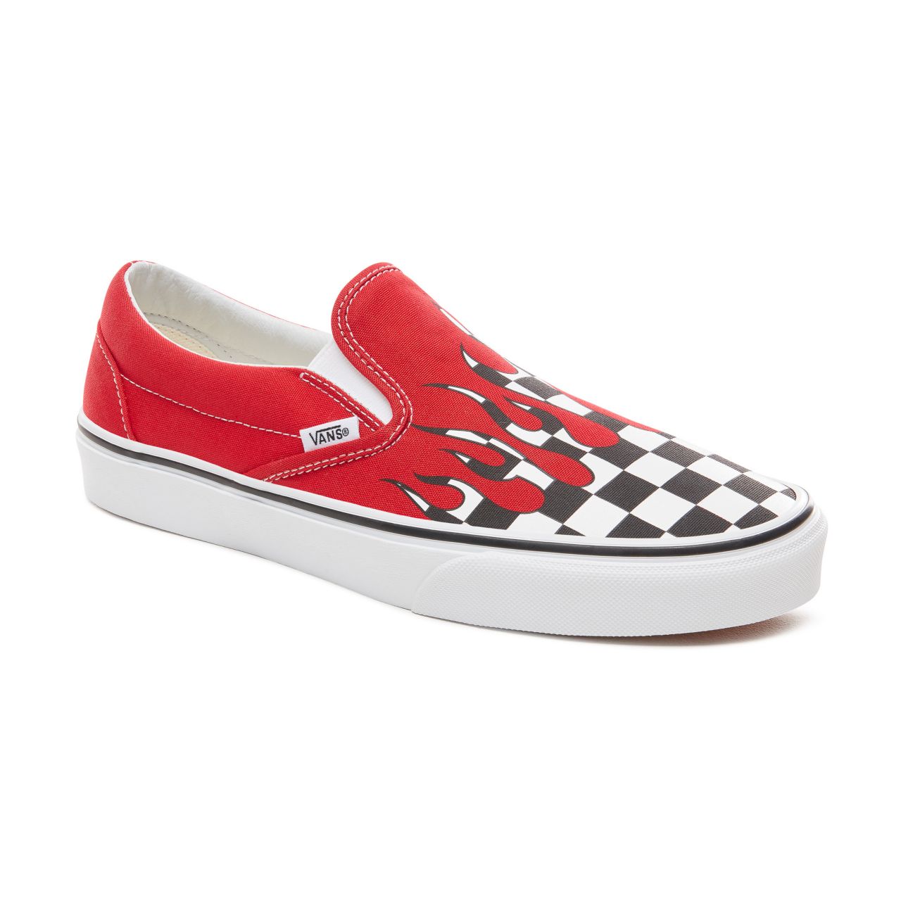 Vans Checker Flame Classic Slip-On Classic Mens Womens - (Checker Flame) Racing Red/True White VA38F7RX5 Shoes