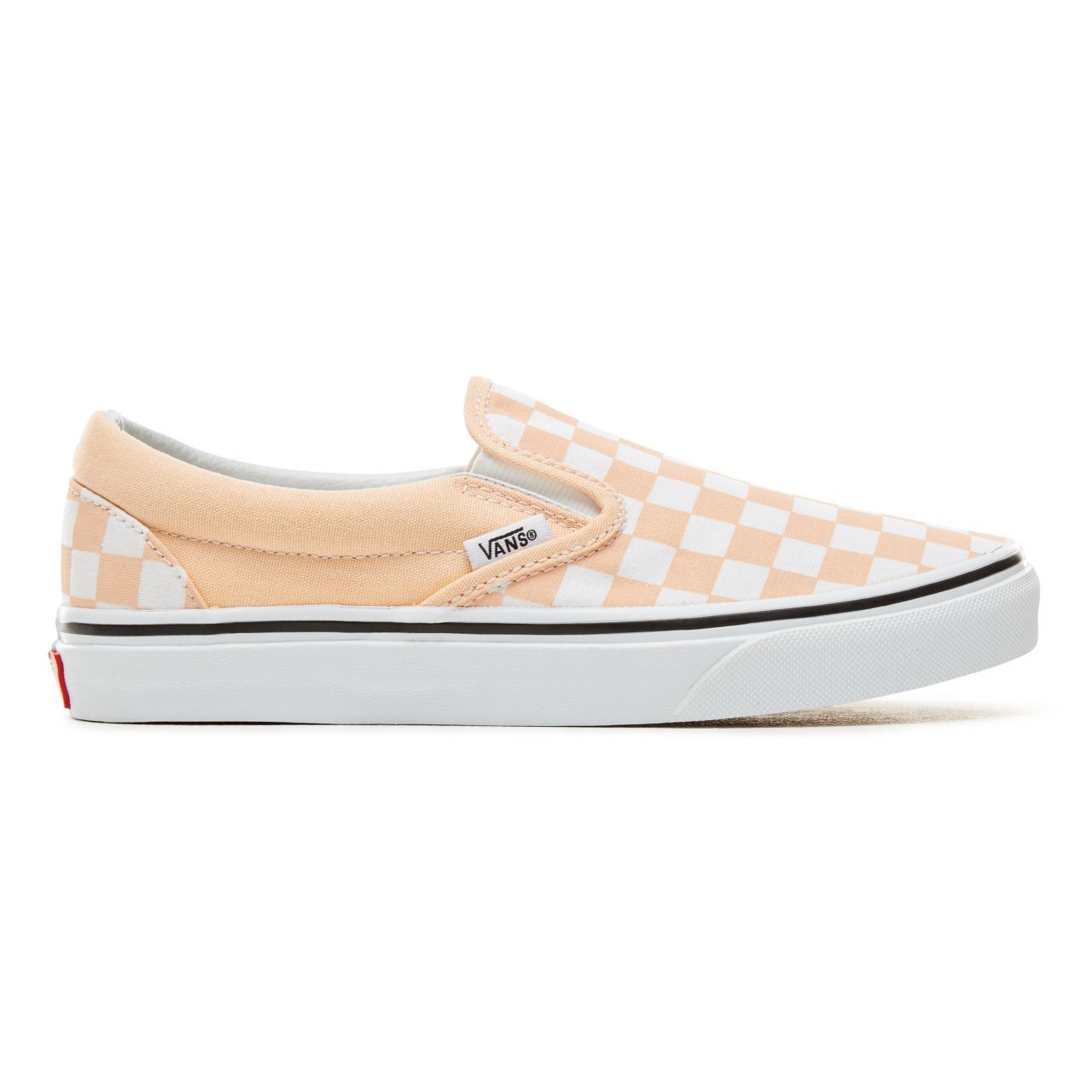 Vans Color Theory Checkerboard Classic Slip-On Classic (Unisex) Mens Womens - (Checkerboard) Bleached Apricot/True White VA38F7U77 Shoes