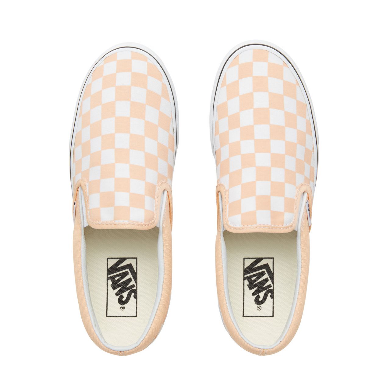 Vans Color Theory Checkerboard Classic Slip-On Classic (Unisex) Mens Womens - (Checkerboard) Bleached Apricot/True White VA38F7U77 Shoes