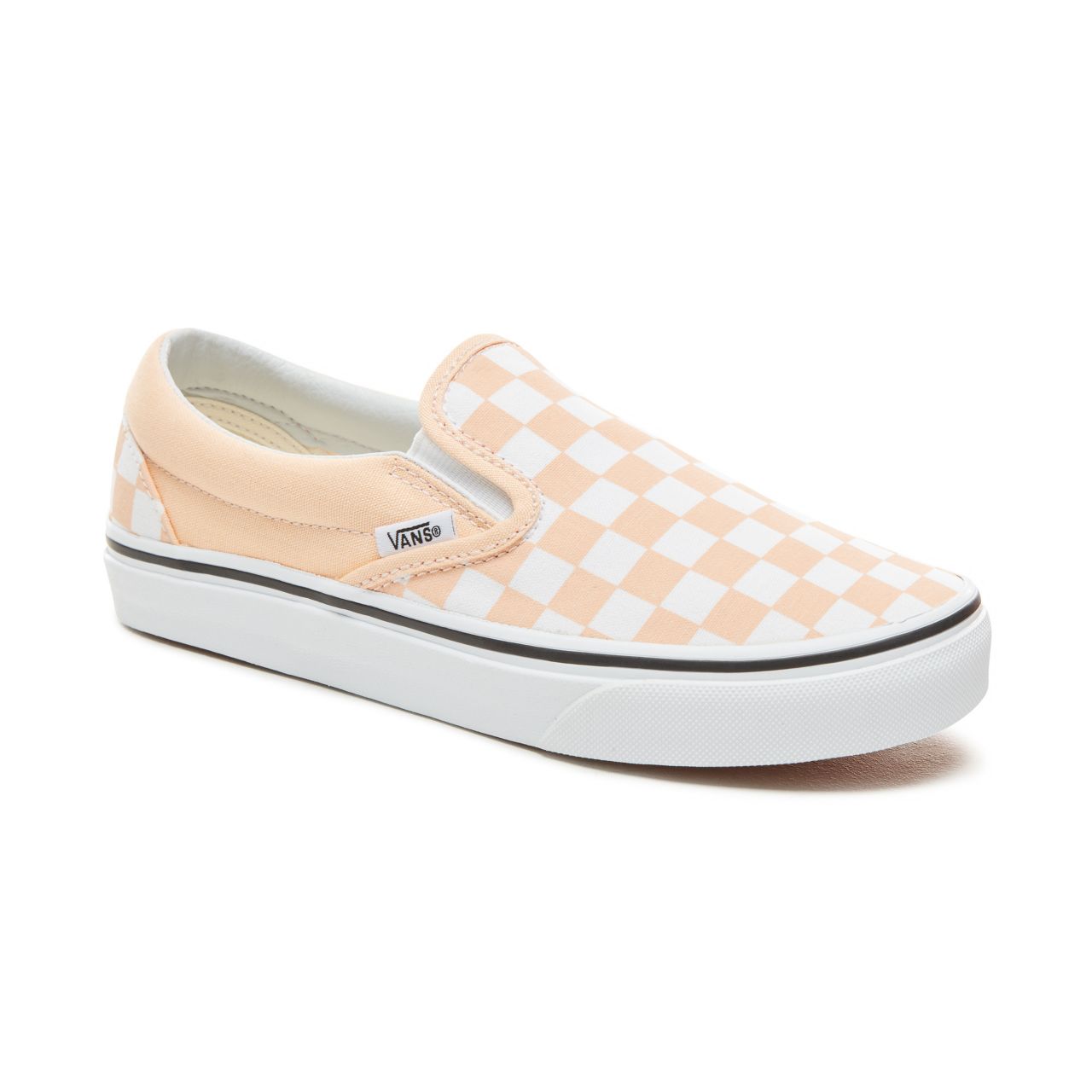 Vans Color Theory Checkerboard Classic Slip-On Classic (Unisex) Mens Womens - (Checkerboard) Bleached Apricot/True White VA38F7U77 Shoes