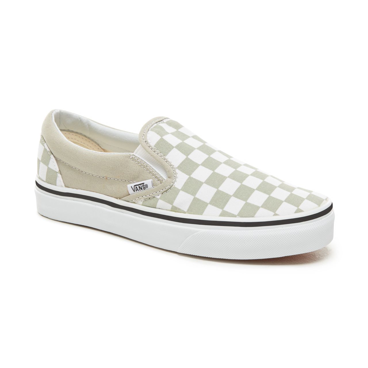 Vans Color Theory Checkerboard Classic Slip-On Classic (Unisex) Mens Womens - (Checkerboard) Desert Sage/True White VA38F7U79 Shoes