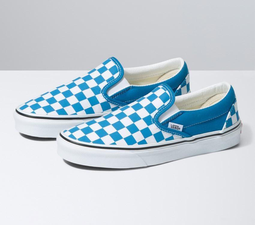 Vans Classic Slip-On Mens Womens - Color Theory Checkerboard Mediterranian Blue VN0A5JMHVD3 Shoes