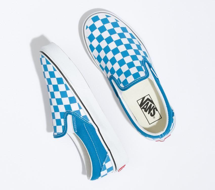 Vans Classic Slip-On Mens Womens - Color Theory Checkerboard Mediterranian Blue VN0A5JMHVD3 Shoes