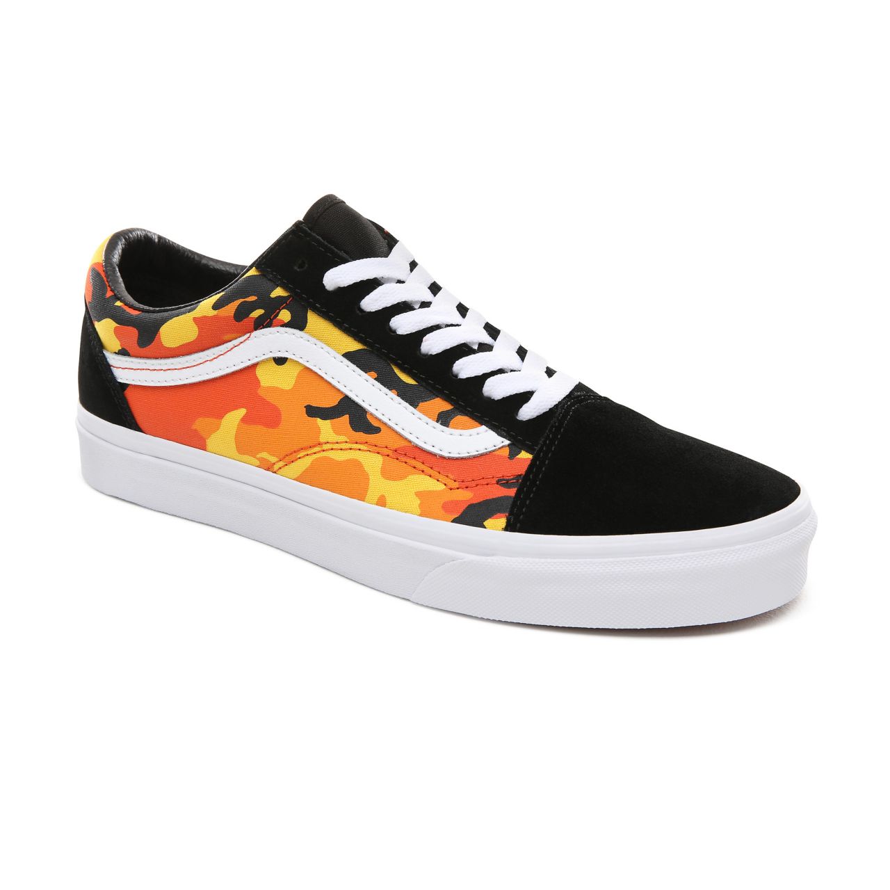 Vans Pop Camo Old Skool Classic Mens Womens - (Pop Camo) Black/Spicy Orange/True White VA38G1RK3 Shoes