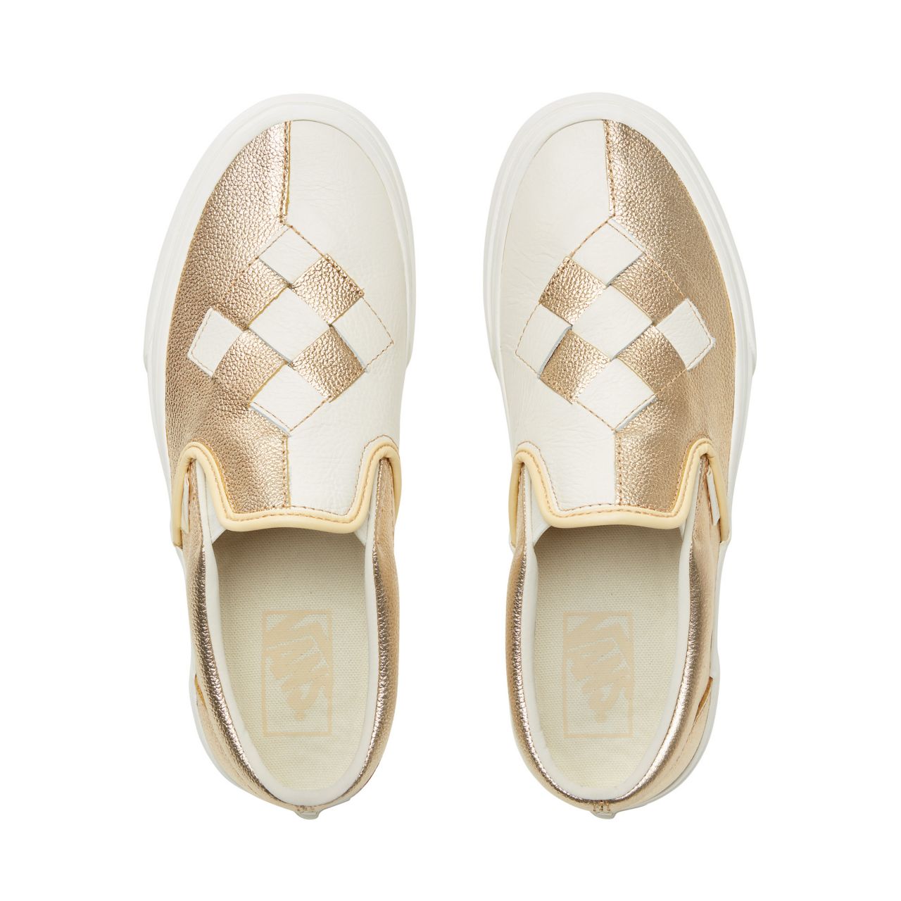 Vans Woven Leather Slip-On Classic Womens - (Woven Leather) Brushed Gold/Snow White VN0A38F7VMU Shoes