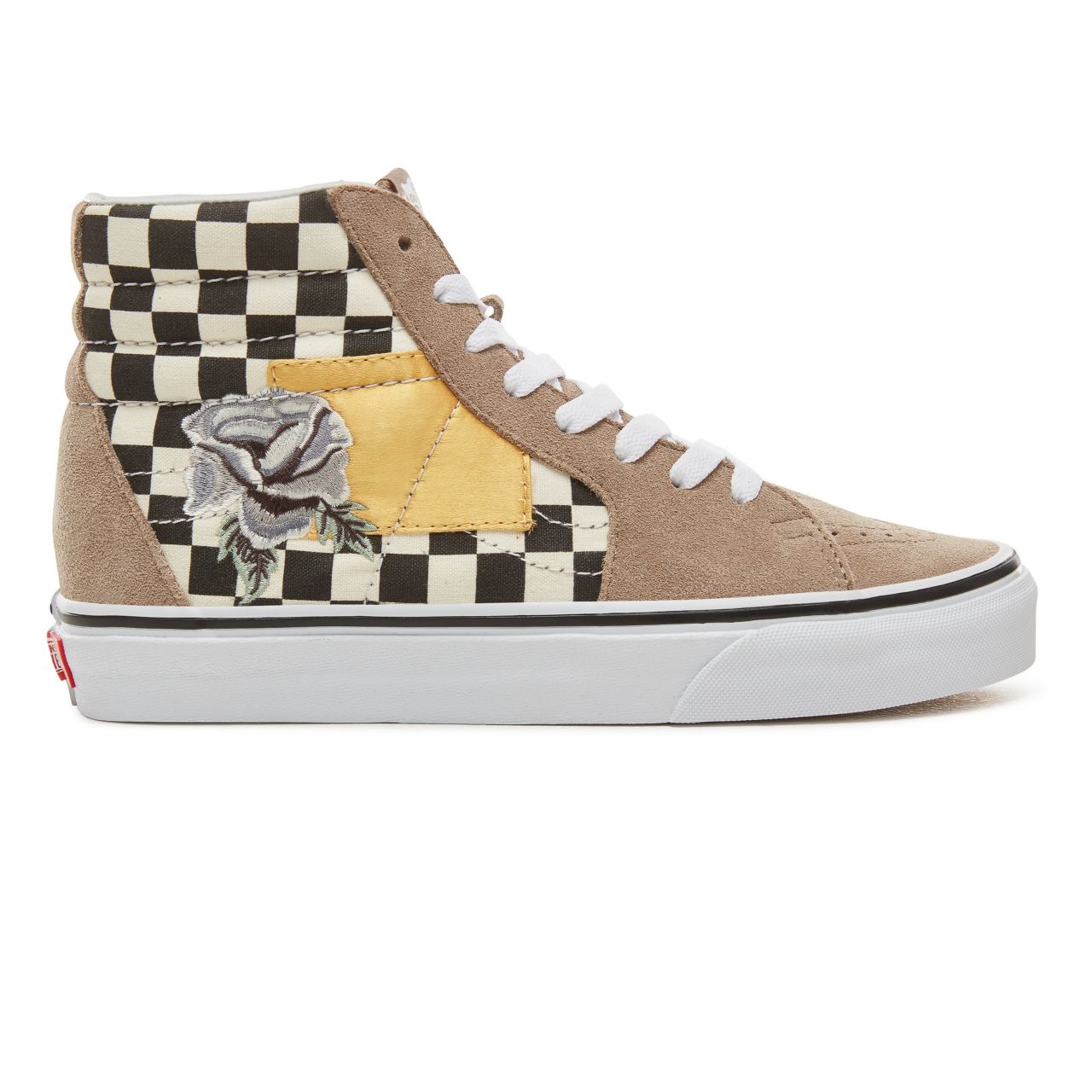 Vans Suede Satin Patchwork Sk8-Hi Classic Womens - (Satin Patchwork) Checker/Black VA38GEUBK Shoes