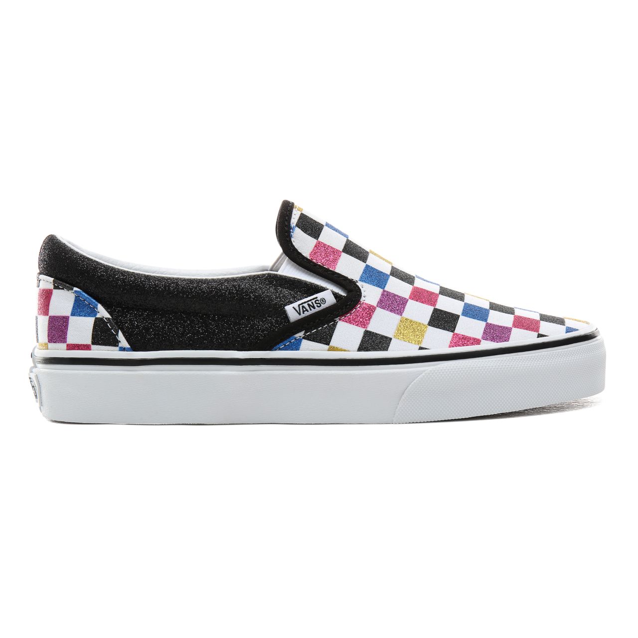 Vans Glitter Checkerboard Classic Slip-On Classic Womens - (Glitter Checkerboard) Black/True White VN0A4BV3V3P Shoes