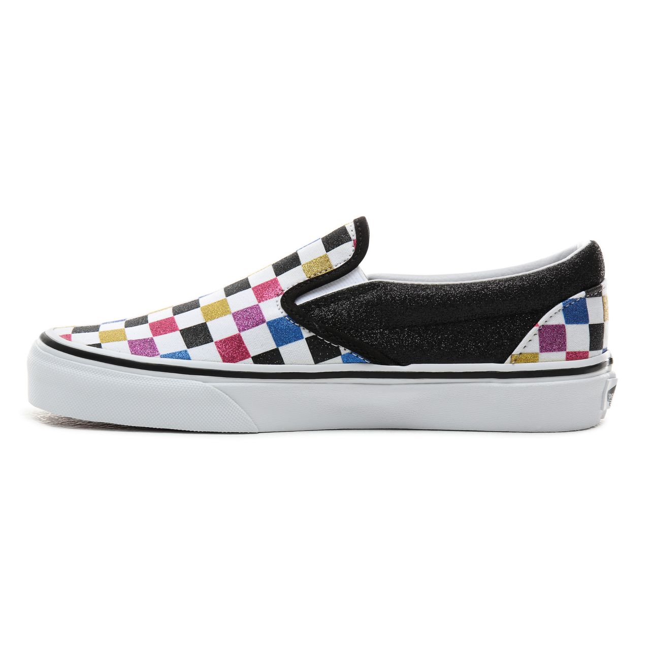 Vans Glitter Checkerboard Classic Slip-On Classic Womens - (Glitter Checkerboard) Black/True White VN0A4BV3V3P Shoes