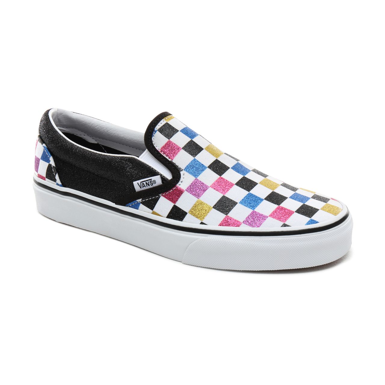 Vans Glitter Checkerboard Classic Slip-On Classic Womens - (Glitter Checkerboard) Black/True White VN0A4BV3V3P Shoes