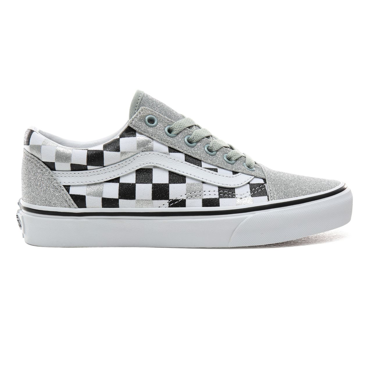 Vans Glitter Checkerboard Old Skool Classic Womens - (Glitter Checkerboard) Silver/True White VN0A4BV5V3J Shoes