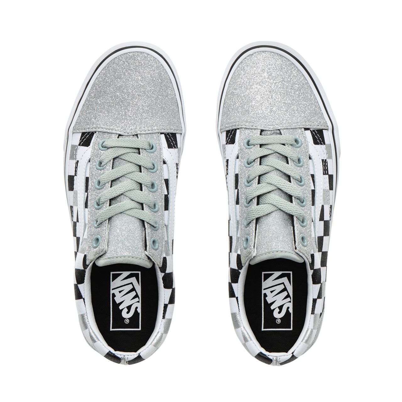 Vans Glitter Checkerboard Old Skool Classic Womens - (Glitter Checkerboard) Silver/True White VN0A4BV5V3J Shoes