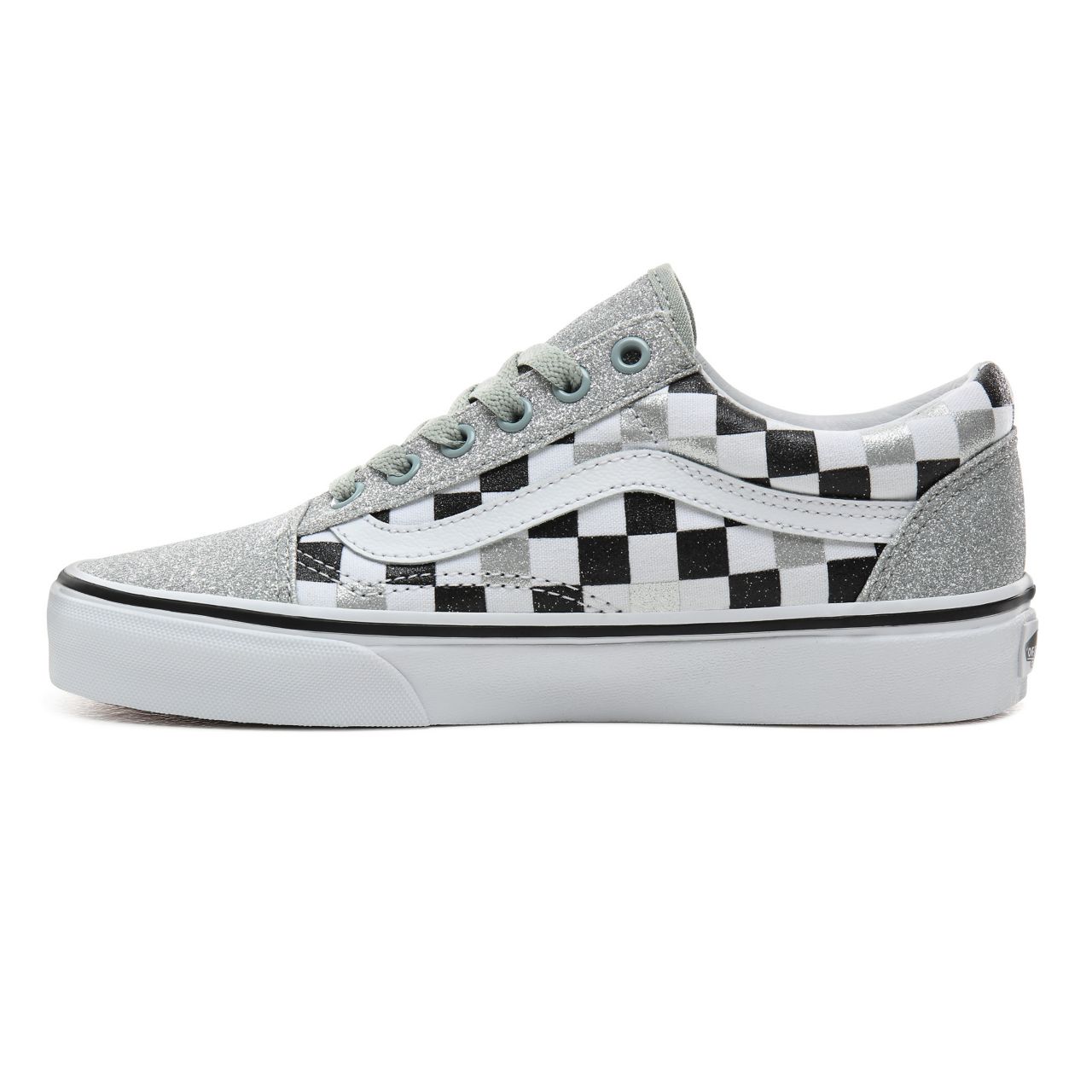 Vans Glitter Checkerboard Old Skool Classic Womens - (Glitter Checkerboard) Silver/True White VN0A4BV5V3J Shoes