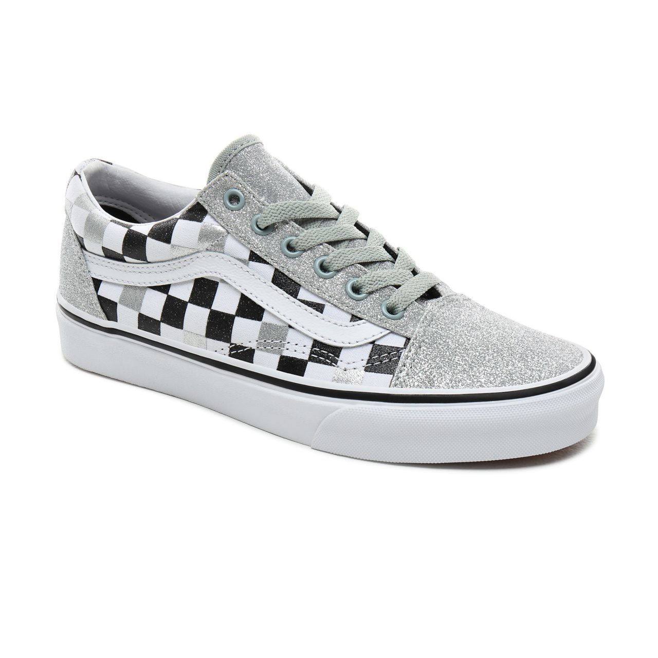 Vans Glitter Checkerboard Old Skool Classic Womens - (Glitter Checkerboard) Silver/True White VN0A4BV5V3J Shoes