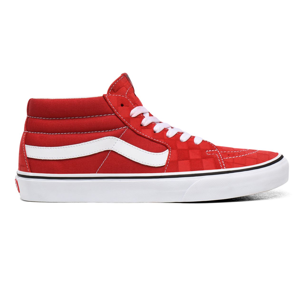 Vans Deboss Checkerboard Sk8-Mid Red Classic Mens Womens - (Deboss Checkerboard) Pompeian Red/True White VN0A3WM3WJ2 Shoes