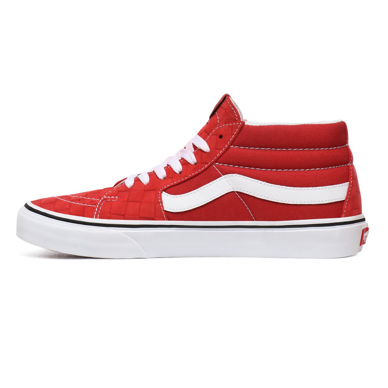 Vans Deboss Checkerboard Sk8-Mid Red Classic Mens Womens - (Deboss Checkerboard) Pompeian Red/True White VN0A3WM3WJ2 Shoes