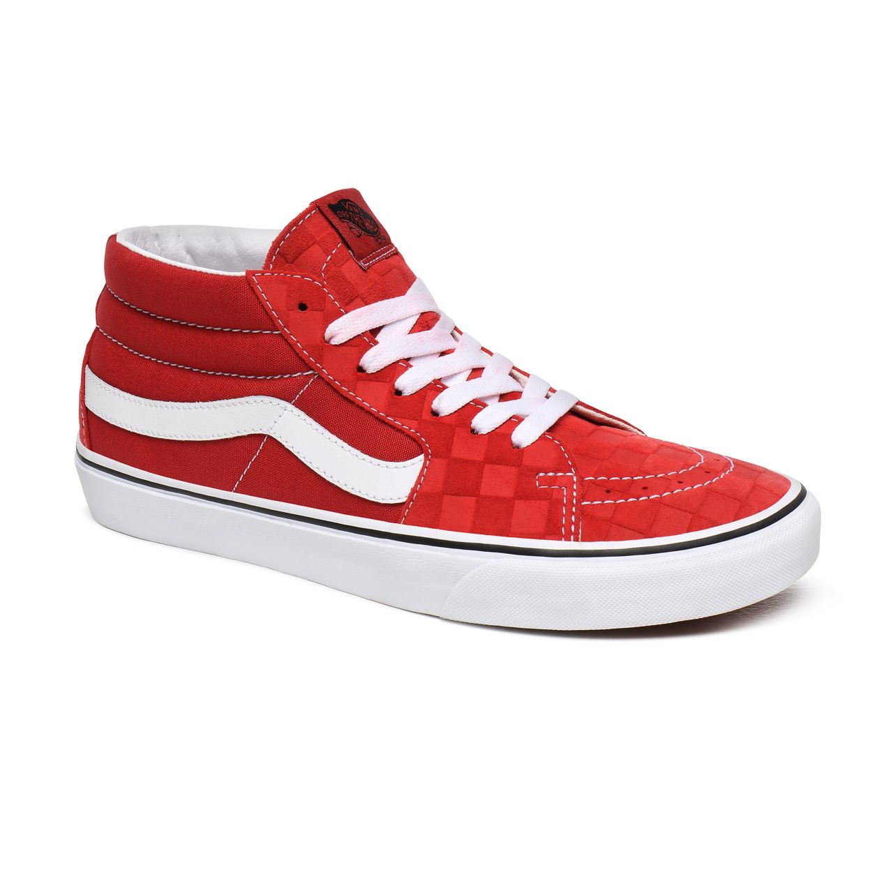 Vans Deboss Checkerboard Sk8-Mid Red Classic Mens Womens - (Deboss Checkerboard) Pompeian Red/True White VN0A3WM3WJ2 Shoes