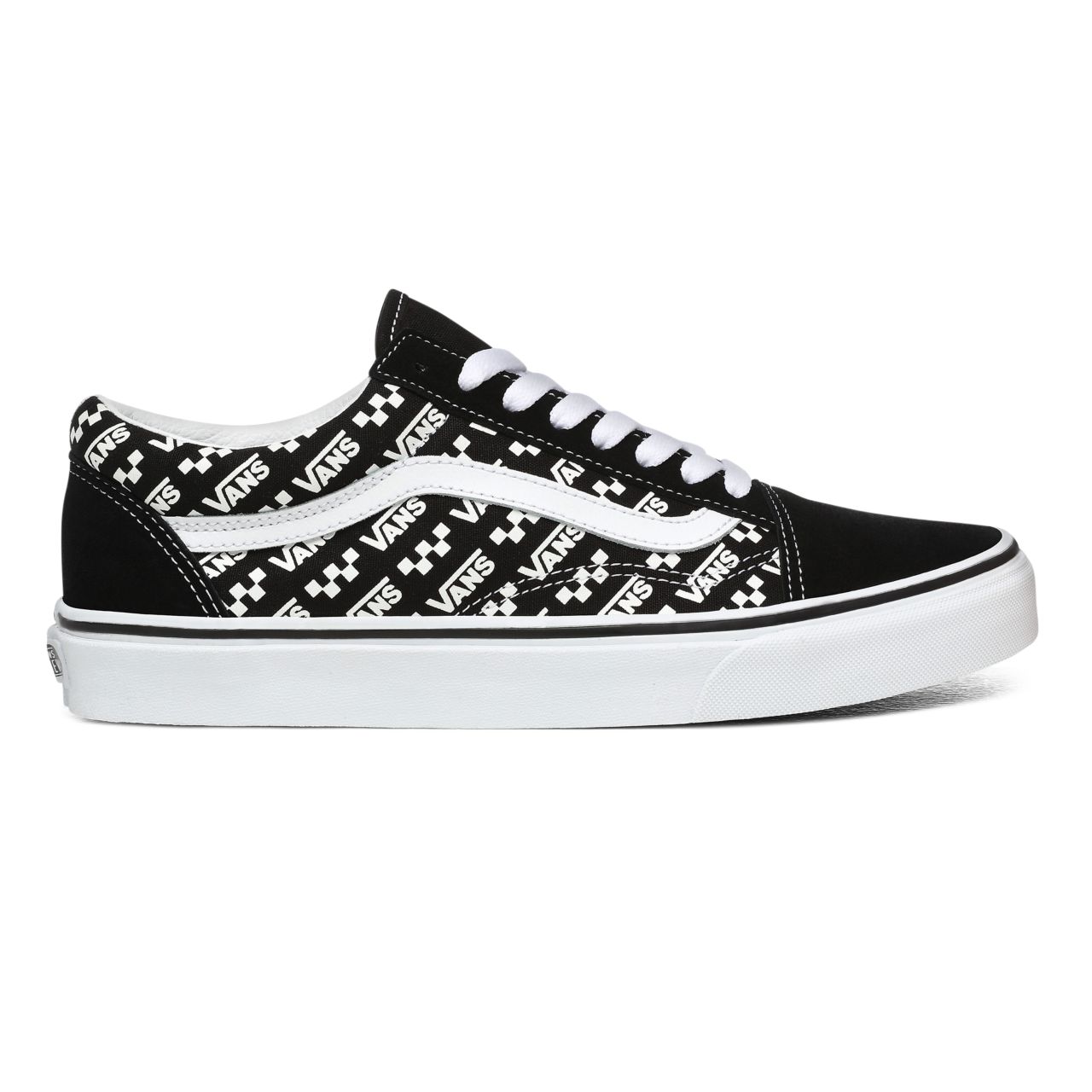 Vans Logo Repeat Old Skool Black Classic Mens Womens - (Logo Repeat) Black/True White VN0A4U3BTEZ Shoes