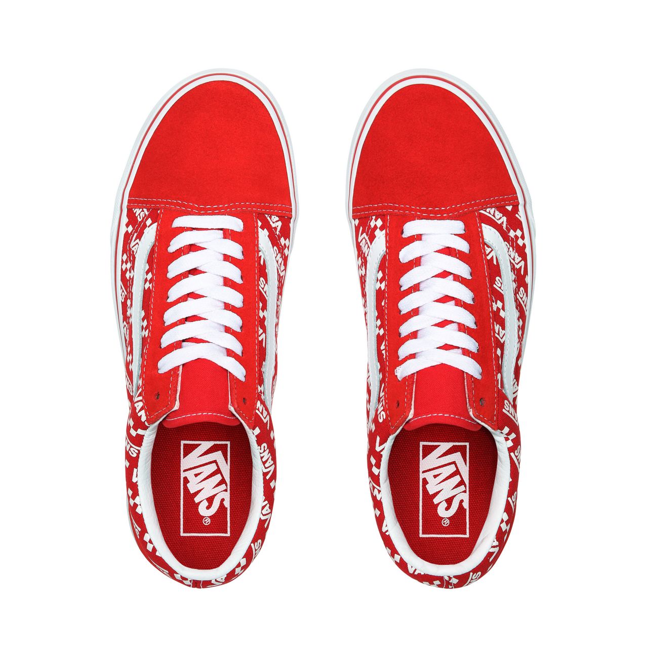 Vans Logo Repeat Old Skool Red Classic Mens Womens - (Logo Repeat) Racing Red/True White VN0A4U3BW35 Shoes