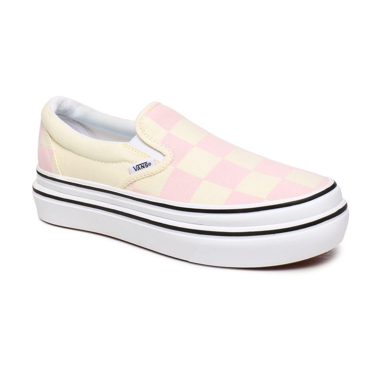 Vans Big Classics Checker Super ComfyCush Slip-On White Classic Womens - (Big Classics Checker) Blushing Bride/Off White Check VN0A4U1FXT5 Shoes